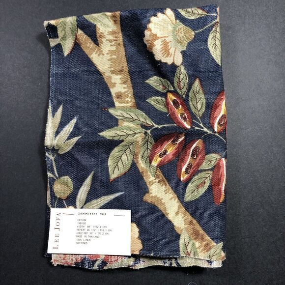 Lee Jofa Fabric CEYLON Indigo Blue Linen Birds Floral New Remnant Navy Tan - Picture 7 of 7